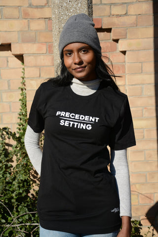 Lady Justice Apparel™ model wearing our Precedent Setting t-shirt design Toronto Ontario