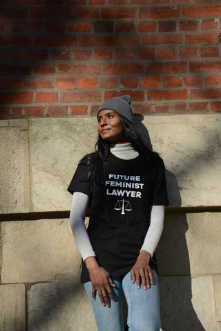 Lady Justice Apparel™ model in our Future Feminist Lawyer tshirt in Toronto