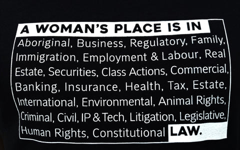 Close up of Lady Justice Apparel™ A Woman's Place is in Law Design