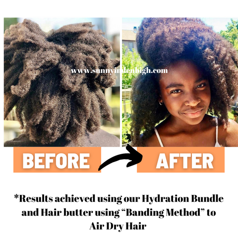 Transformation photo showing the results of Sunny In Denbigh's Hydration bundle, and hair butter using the banding method to air dry. Results show defined and manageable curls