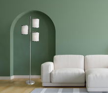 Load image into Gallery viewer, Three Light Floor Lamp Brushed Steel with White Fabric Lanterns
