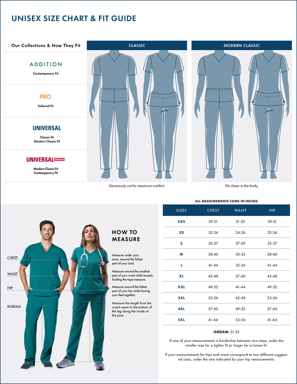 Adar Unisex Medical Scrubs Size Chart