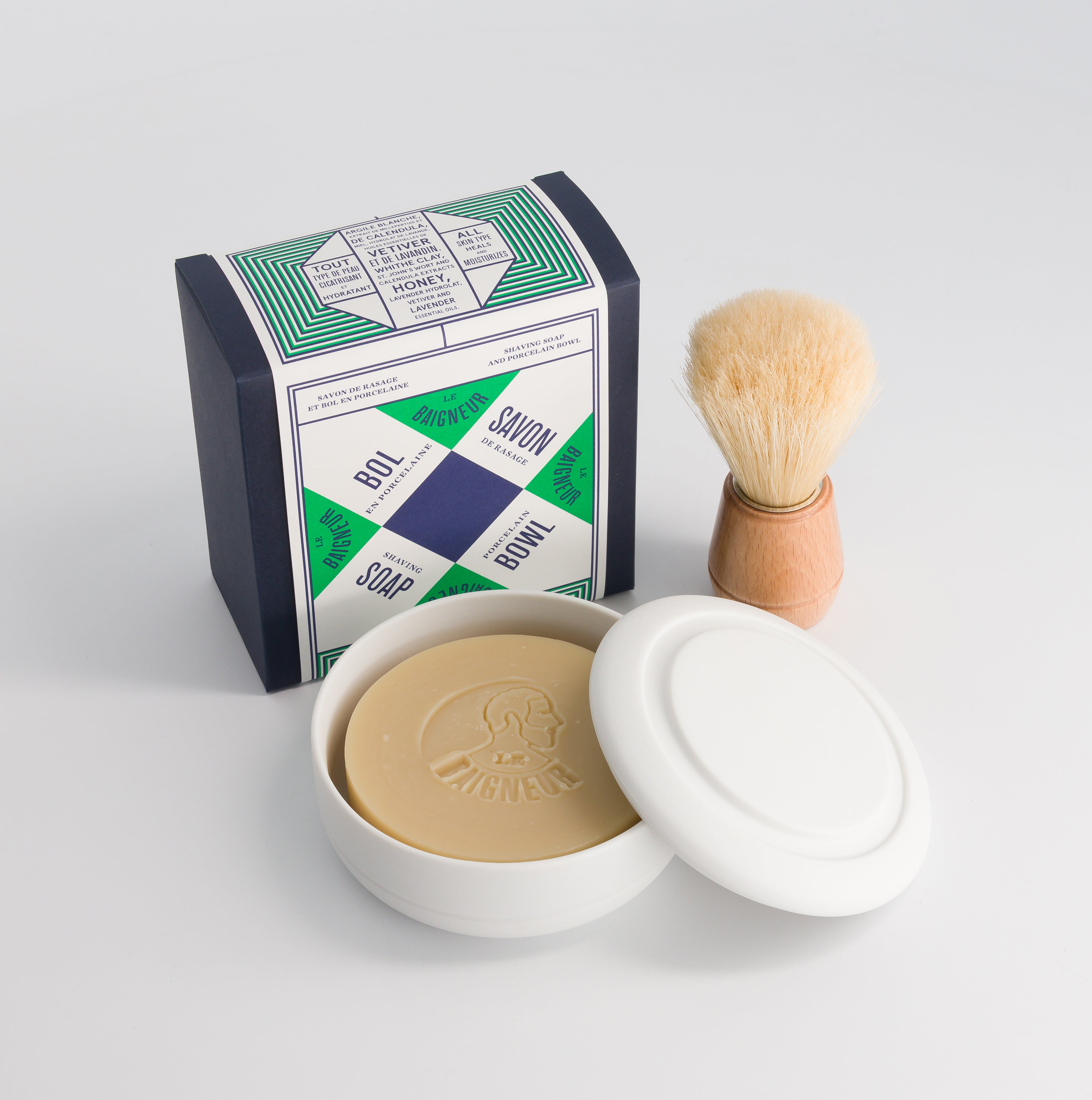 pack porcelain bowl and shaving soap with brush