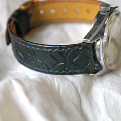 Watch strap handmade from kangaroo leather. Embossed and hand stitched.  Green strap, blue thread, gold buckle