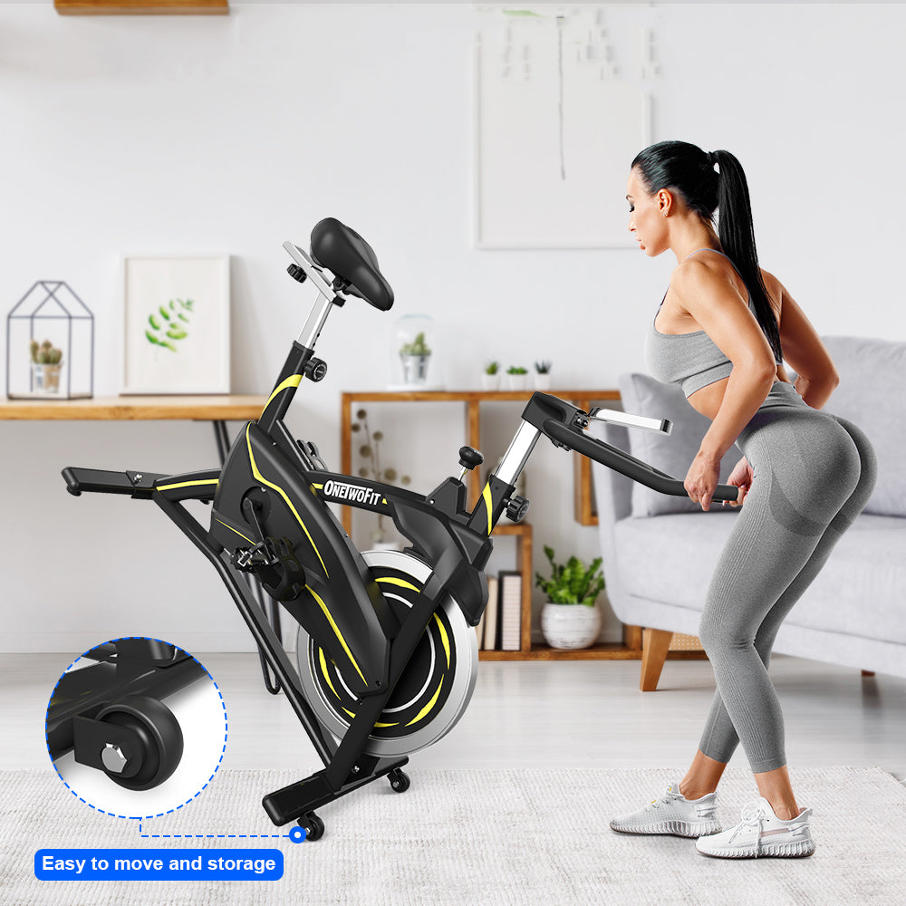 OneTwoFit Pro Magnetic Indoor Cycling Bike Spinning Bike Belt Magnetic Drive With 28.7 Lbs Flywheel OT315 easy to move exercise bike