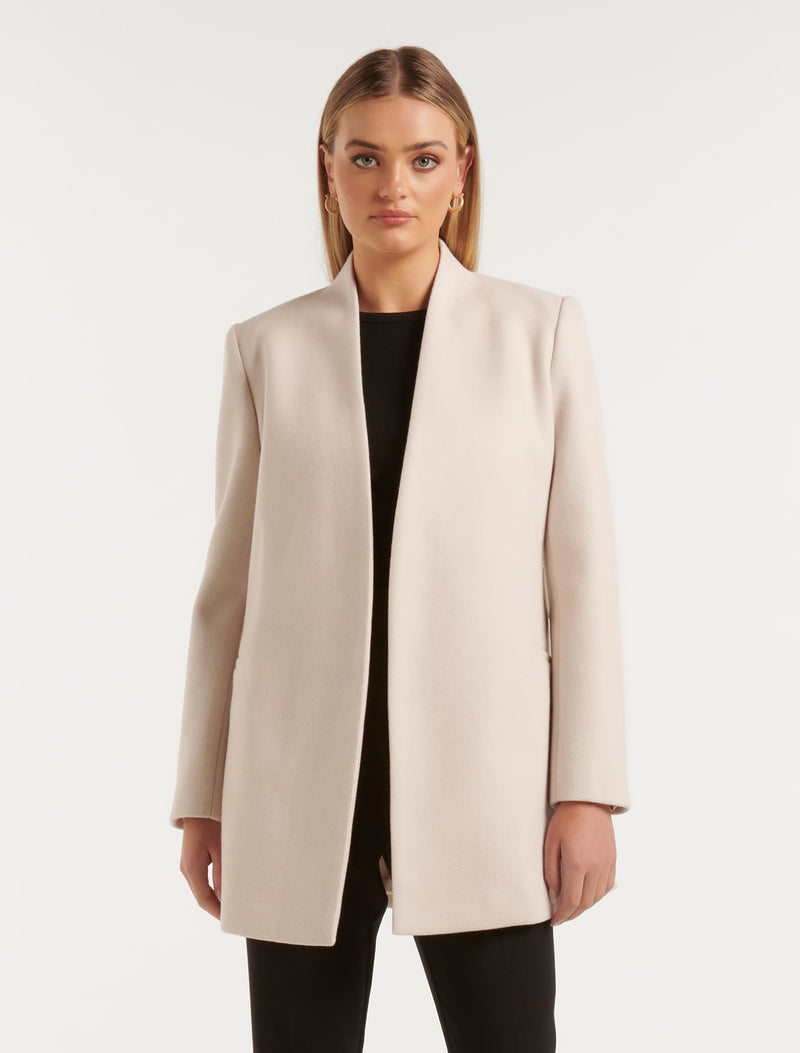 Faye Belted Collarless Coat Cream | Forever New