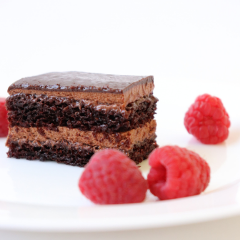 Trove Desserts handmade Chocolate Raspberry Mouse Cake, made with soft chocolate cake layer, dark chocolate mousse, raspberry jam, and topped with dark chocolate ganache