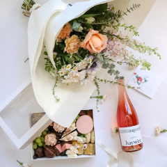 Trove Desserts Mother's Day Bundle including Vancouver's Trove dessert box, Fort Langley's Floralista bouquet, New Westminster's greeting card, and Okanagan's Haywire Sparkling Rose