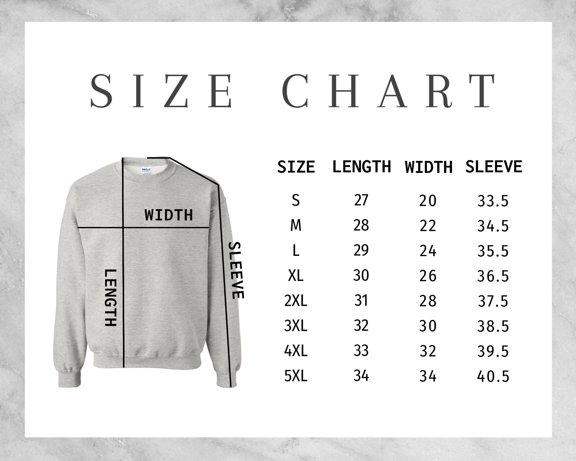 Unisex Crewneck Sweatshirt Size Chart