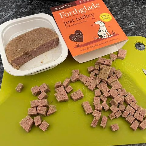 forthglade chopped into cubes ready to be cooked as a dog treat