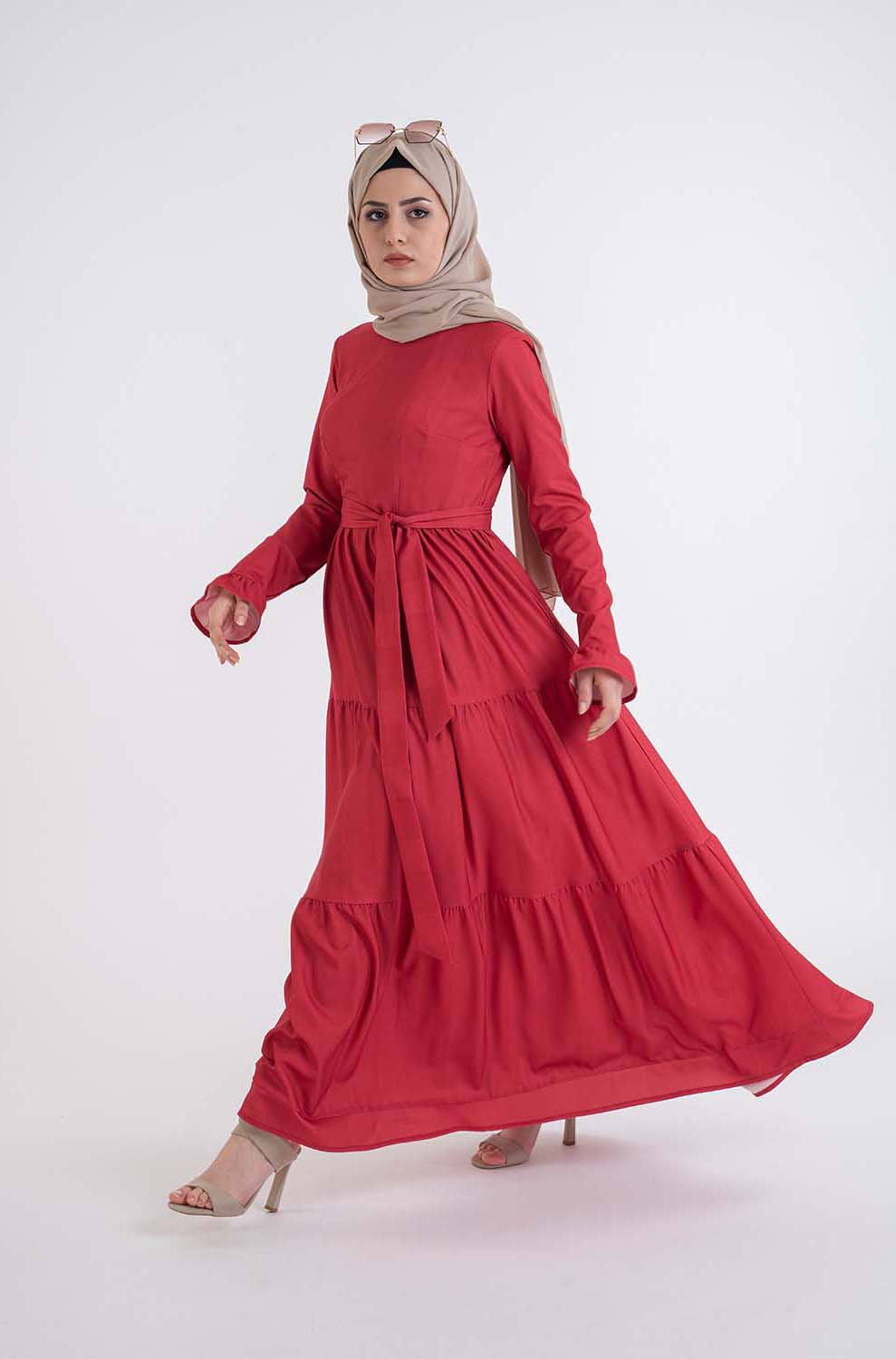 Red shirred dress-hijab fashion
