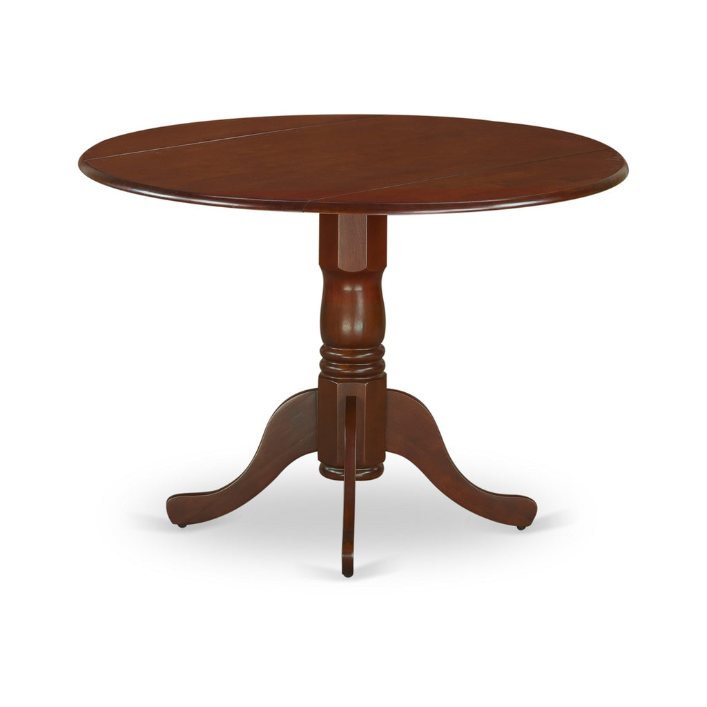 East West Furniture DLEN3-MAH-66 3Pc Round 42 Inch Kitchen Table With Two 9-Inch Drop Leaves And A Pair Of Parson Chair With Mahogany Leg And Brown Flaux Leather