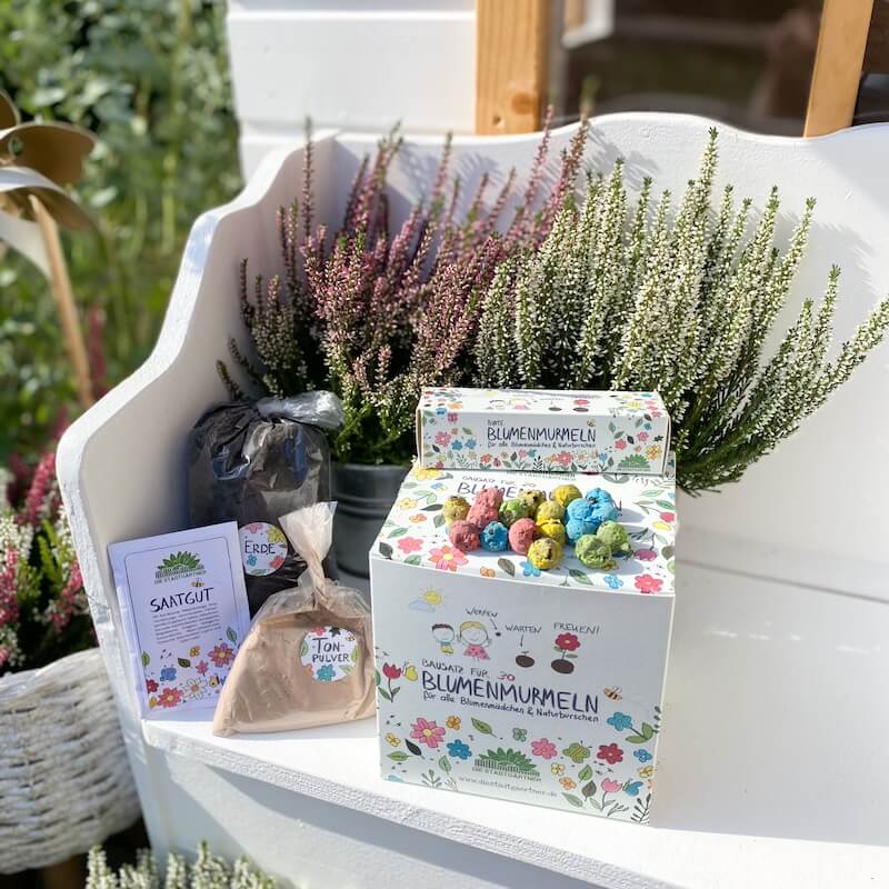 Ein weißes Gartenregal, das heidekrautartige Pflanzen, eine Schachtel mit bunten Blumensamenkugeln und Gartenzubehör präsentiert.