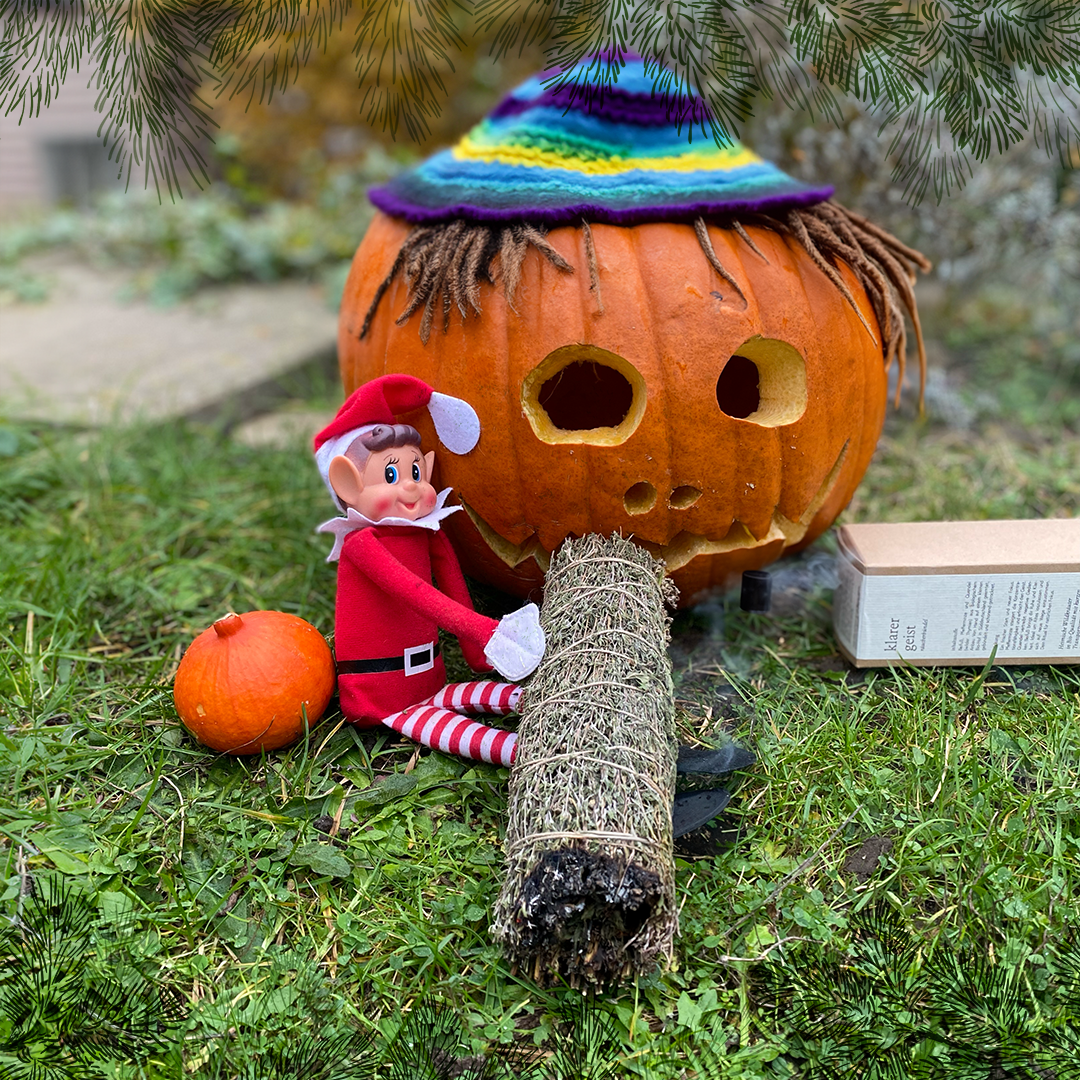 Der Elf hält ein Räucherbündel vor einen Halloween-Kürbis wie einen Joint