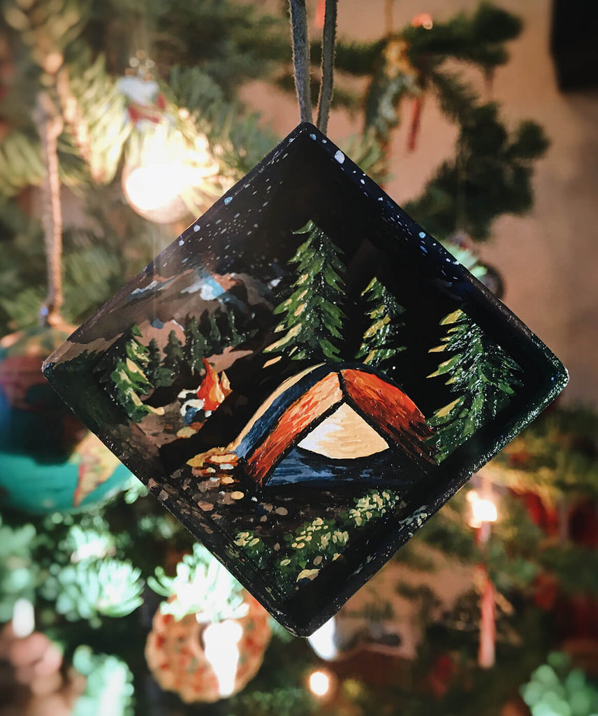 Alpinecho camping ornament finished hanging from tree