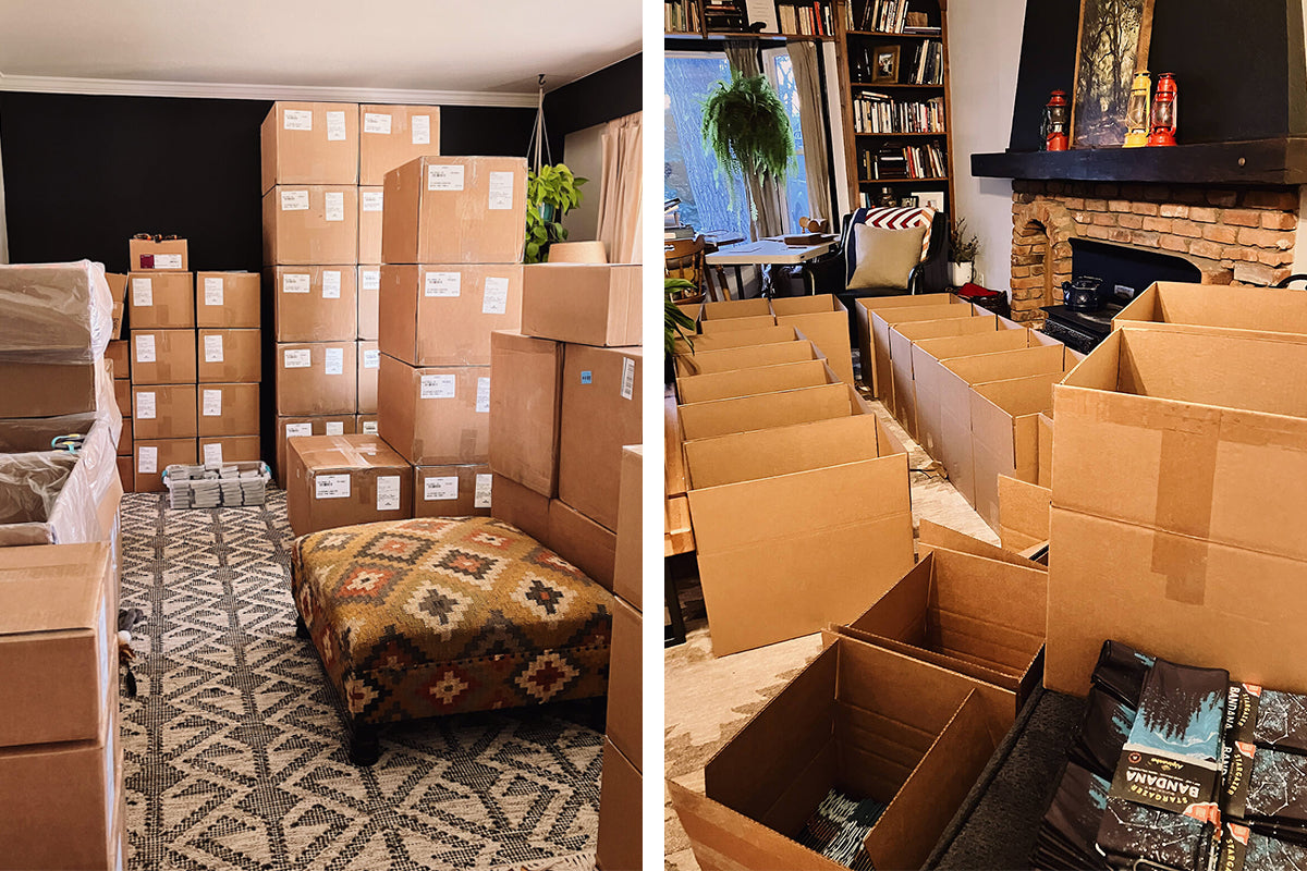 Boxes stacked in living room small business from home Alpinecho