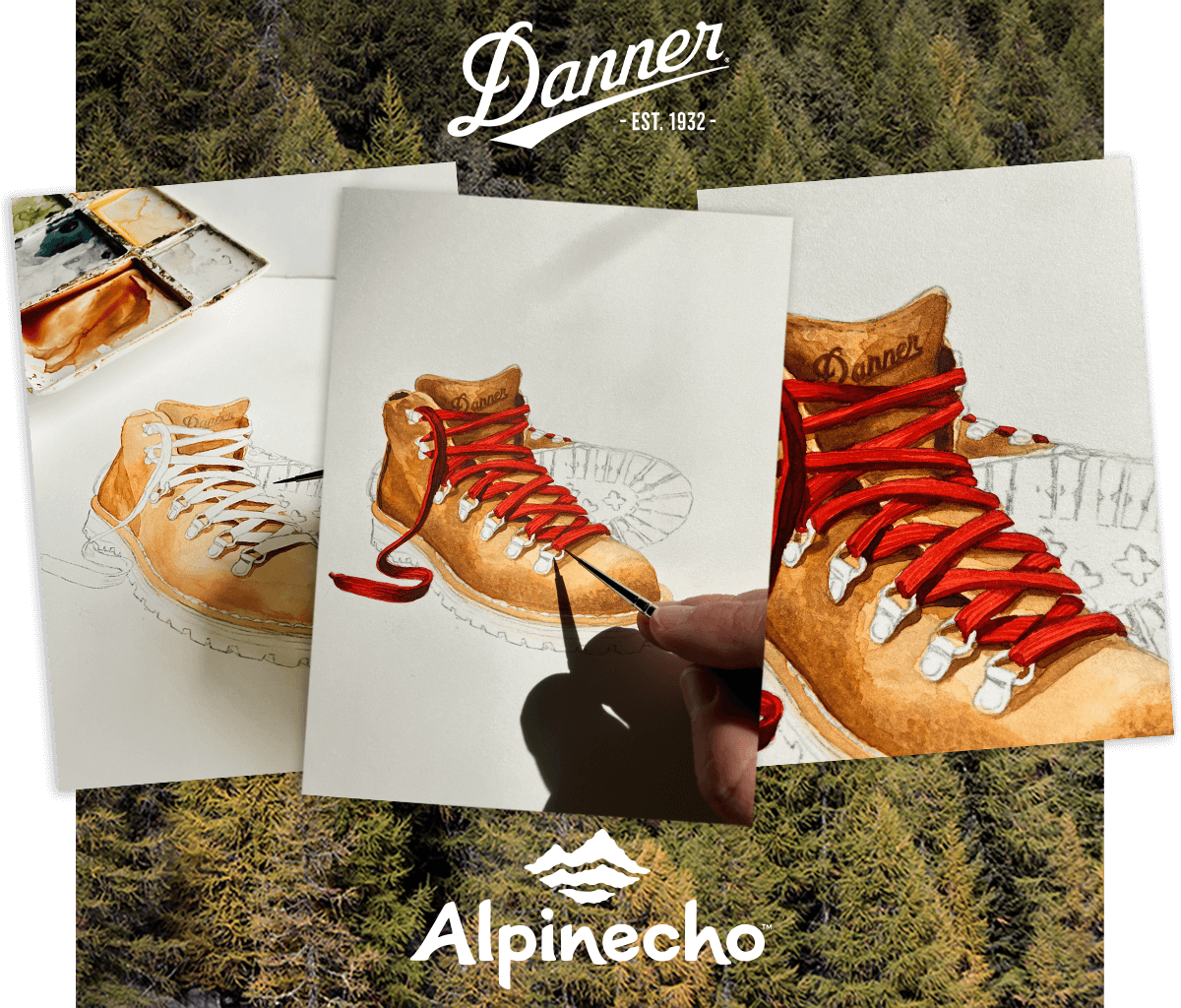 Danner x Alpinecho Boot Sticker Process images showing three pictures of a boot being watercolor painted against a backdrop of green pine trees