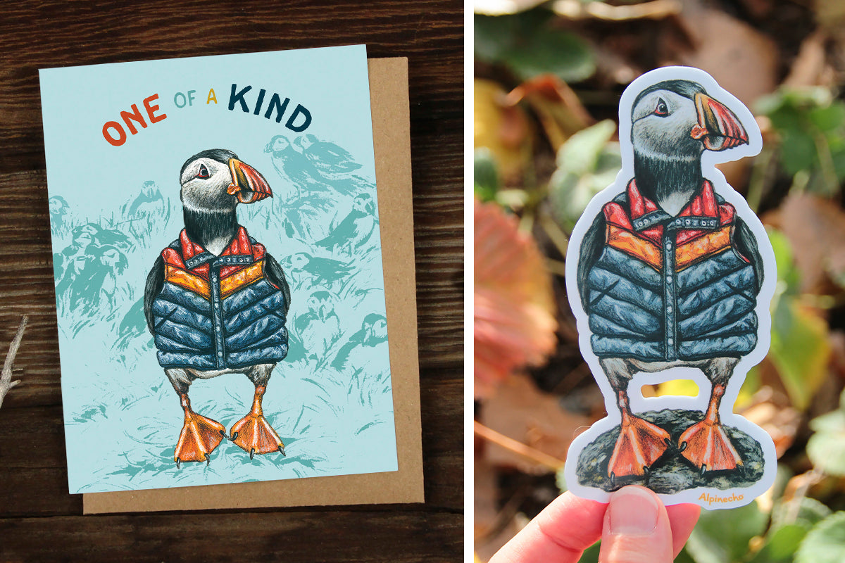 Puffin Greeting Card and Puffin in a Puffer Jacket Sticker Alpinecho Products