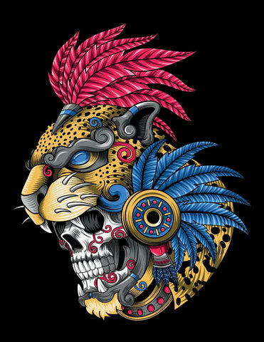 drawing of aztec warrior skull wearing jaguar headdress and feathers