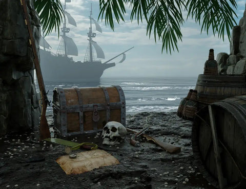 beach with pirate gear with a pirate ship in background on the ocean