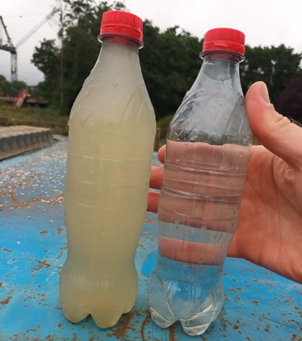 Water samples before and after being treated by RVT’s bespoke water treatment solution.