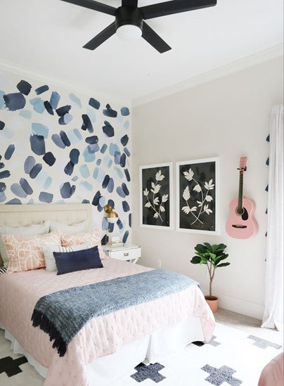 An after photo of a bedroom with Large Indigo Brush stroke wall decals