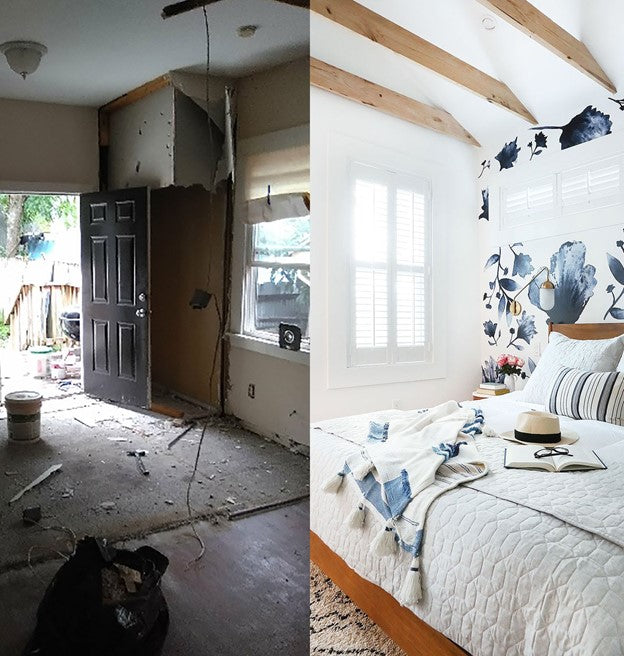 A before and after photo of a renovated bedroom with Water and Ink Floral wall decals