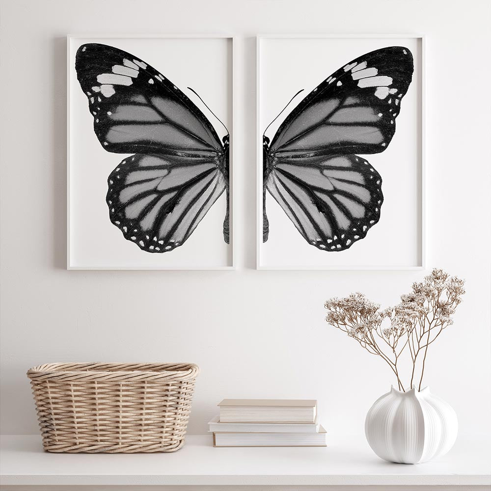 Black And White Butterfly Prints showing in two different frames, creating a interesting focal point on the wall.