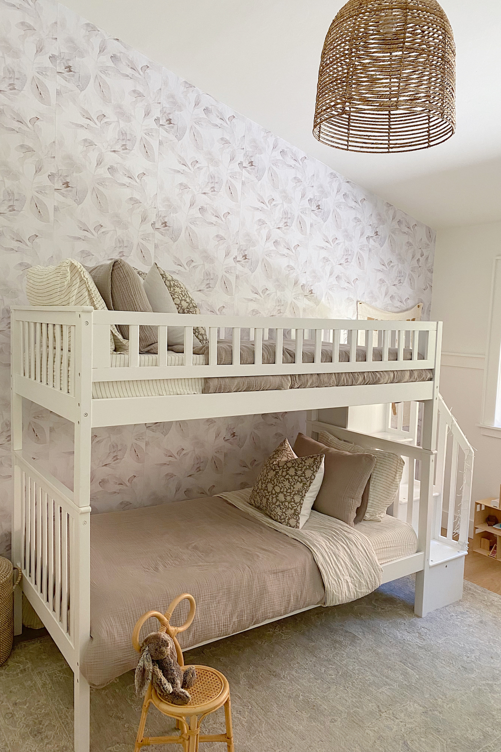 Urbanwalls Silver Ficus Wallpaper in Little Girl Room with Bunk Beds