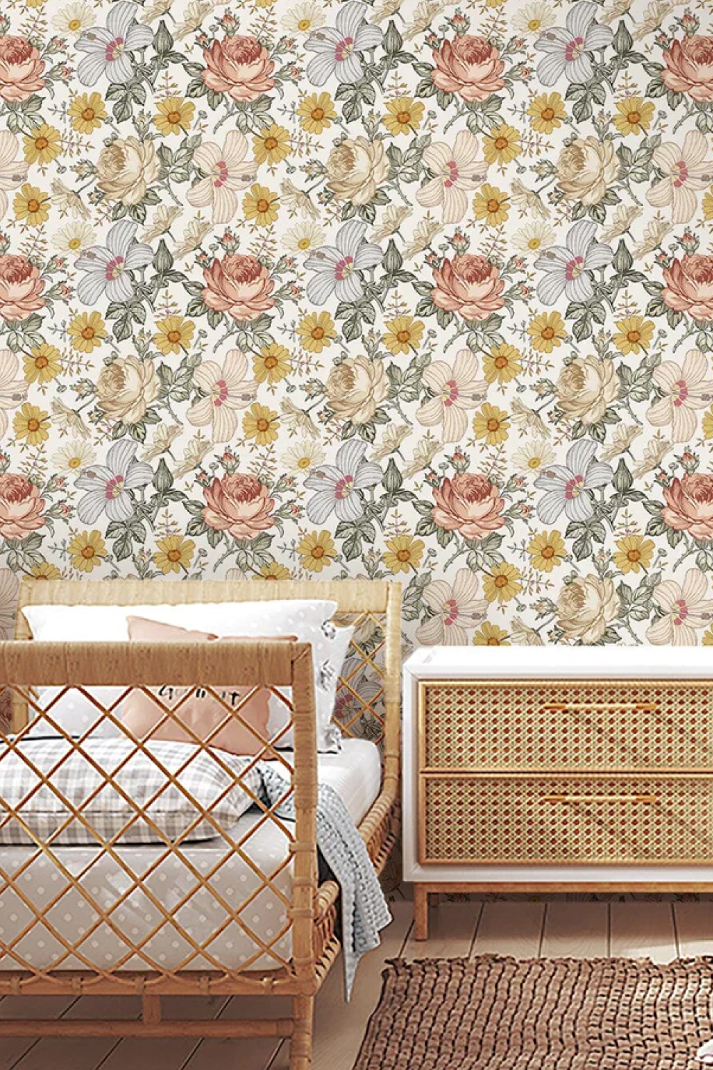 beautiful floral wallpaper with twin bed and wicker dresser