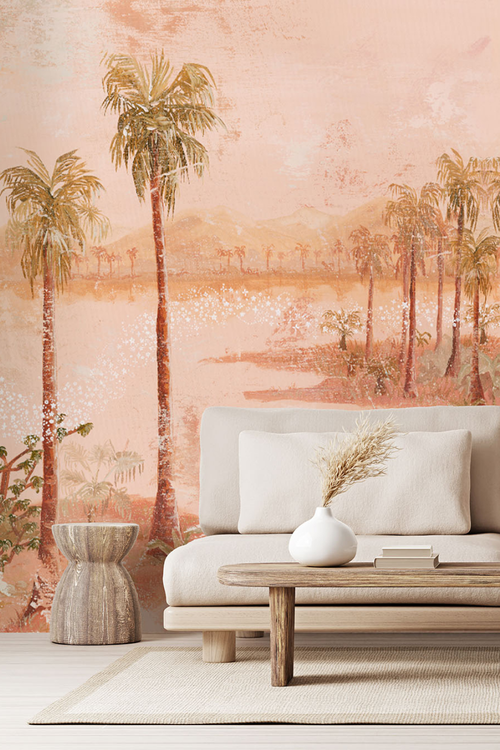 tropical mural hand painted by tahnee kelland in living room with couch