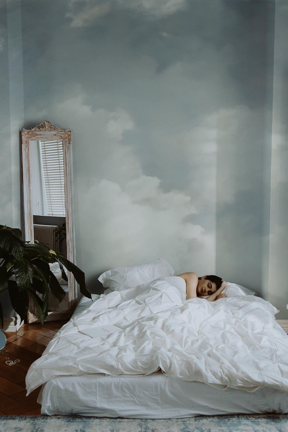 Girl sleeping on futon. Blue sky wall mural showcased in a serene bedroom.