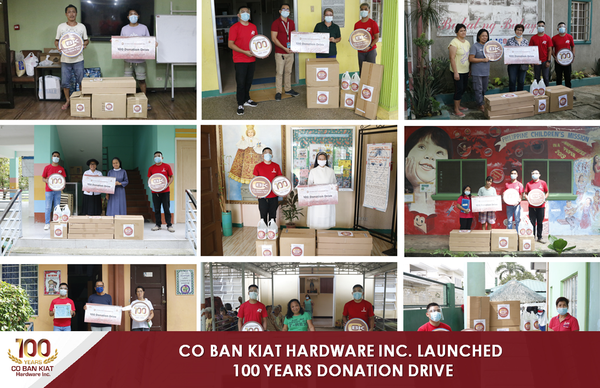 Sharing the advocacies of many charitable institutions and medical bodies, committed to the social welfare, Co Ban Kiat Hardware Inc. launched  100 donation drive with a core mission to send aid in upgrading the facilities of 100 partner beneficiary groups from different cities across the country for ten months. This campaign was also part of the centennial celebration of Co Ban Kiat Hardware Inc. 