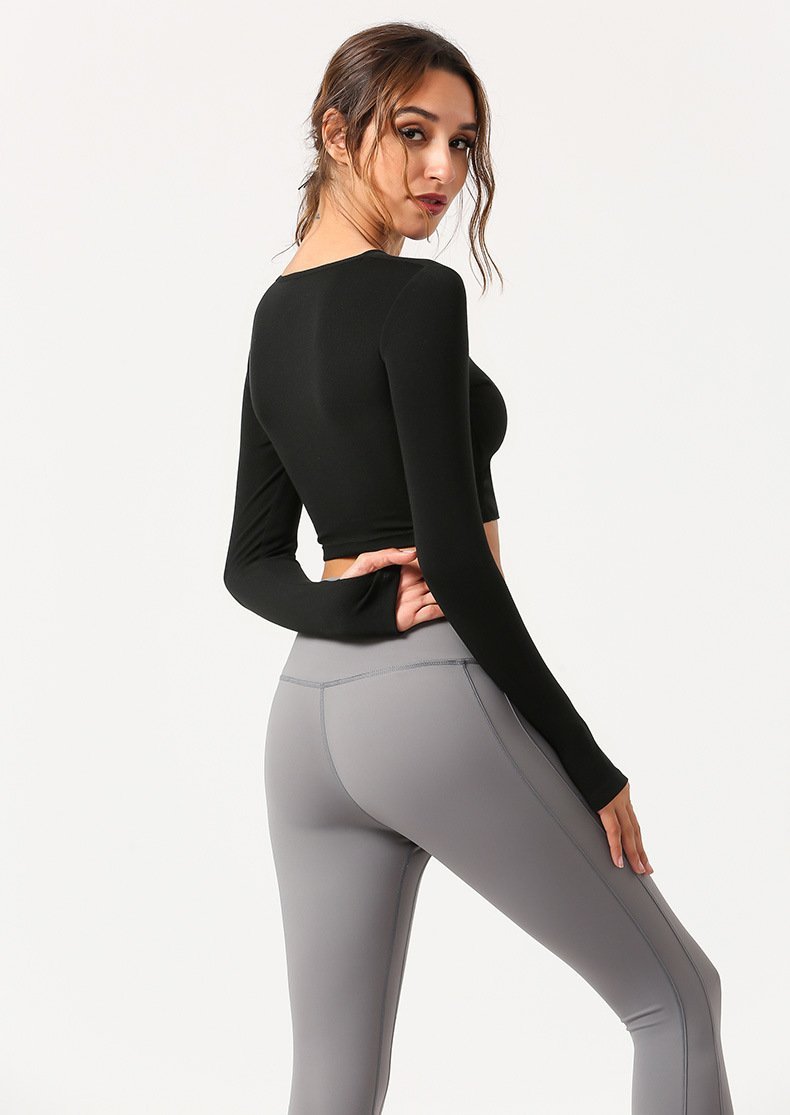 Chicvane Long Sleeve Seamless Hollow Out Yoga Shirts Padded Crop Top ...