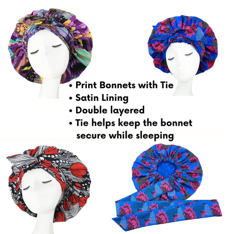 Printed satin-lined Double layered Bonnets with Tie (Non reversible)