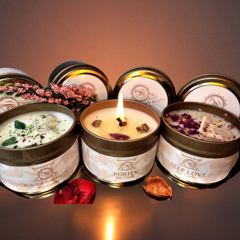 Our luxury candle collection includes beautiful handmade soy-based candles. Each tin candle is infused with its own unique combination of charged crystals, herbs, and pure essential oils. The candles are designed to promote self-love, peace, and positivity- while empowering one's self. Travel size