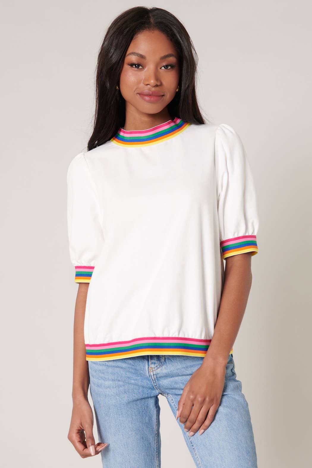 Image of Vivid Dreams Rainbow Trim French Terry Knit Short Sleeve Top