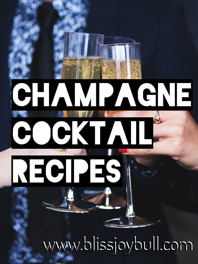 3 sets of hands clicking champagne flute glasses. Text reads: champagne cocktail recipes