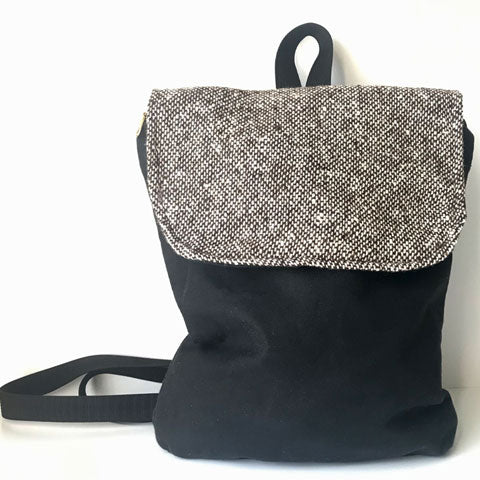 waxed canvas mini backpack purse in black with tweed flap