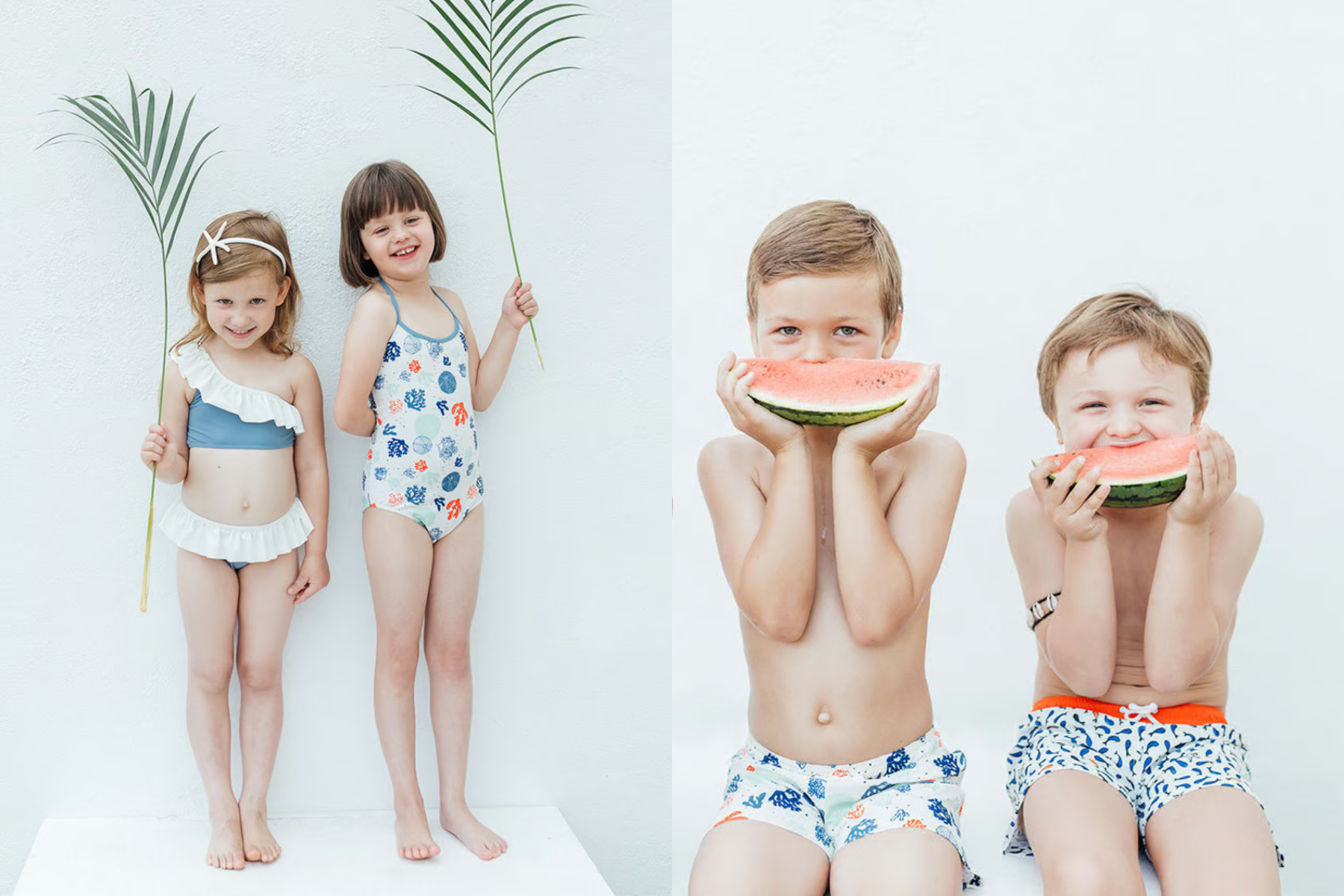 Created by Federica Folco, Folpetto offers elegant, sustainable swimwear for children, inspired by the Mediterranean. Beautiful, sustainable swimwear for children combines classic Italian design with eco-friendly fabrics. The image shows kids wearing Folpetto Swimwear.