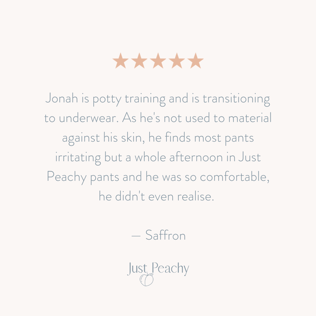 Just Peachy Underwear Review: "Jonah is potty training and is transitioning to underwear. As he's not used to material against his skin, he finds most pants irritating but a whole afternoon in Just Peachy pants and he was so comfortable, he didn't even realise." — Saffron