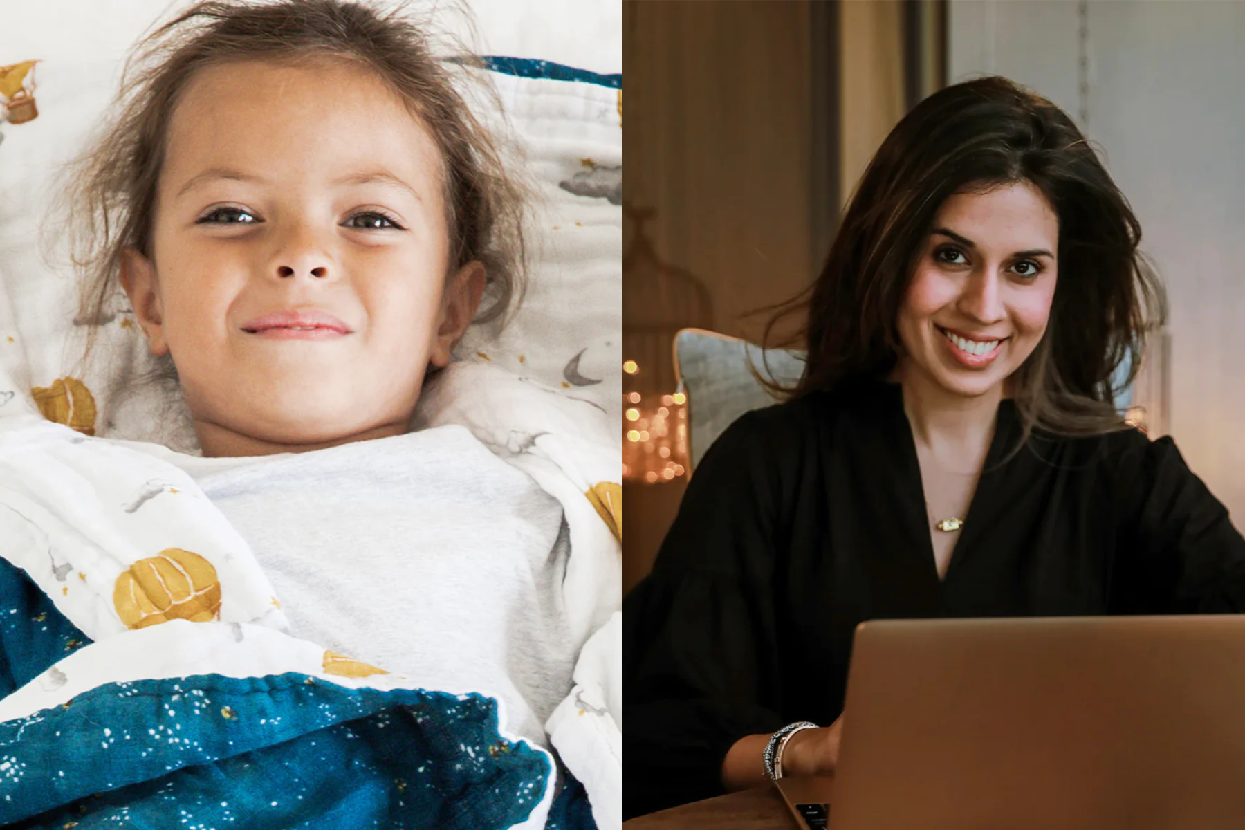 Led by Anjali Harjani-Hardasani, Malabar Baby offers handcrafted, natural cotton bedding and loungewear for kids, inspired by global cultures. The image shows a girl wearing Malabar Baby Kids Robe lying on Malabar Baby bedding. The image also shows Anjali, the founder of Malabar Baby.