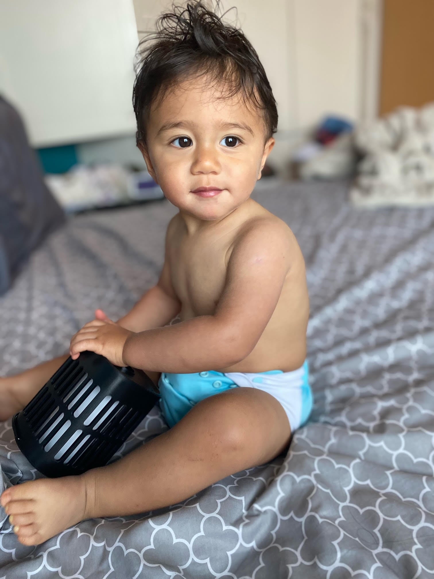 Marsha Yuan's son, Matys, in Just Peachy cloth diaper