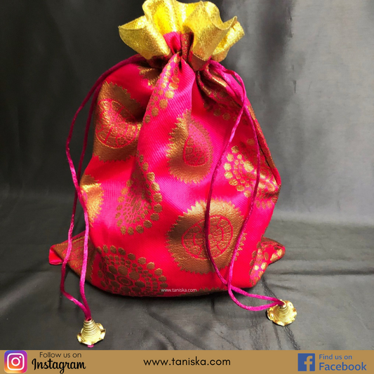XL Hot Pink Silky, Shagun Gift Bag (Potli, Drawstring Bag)