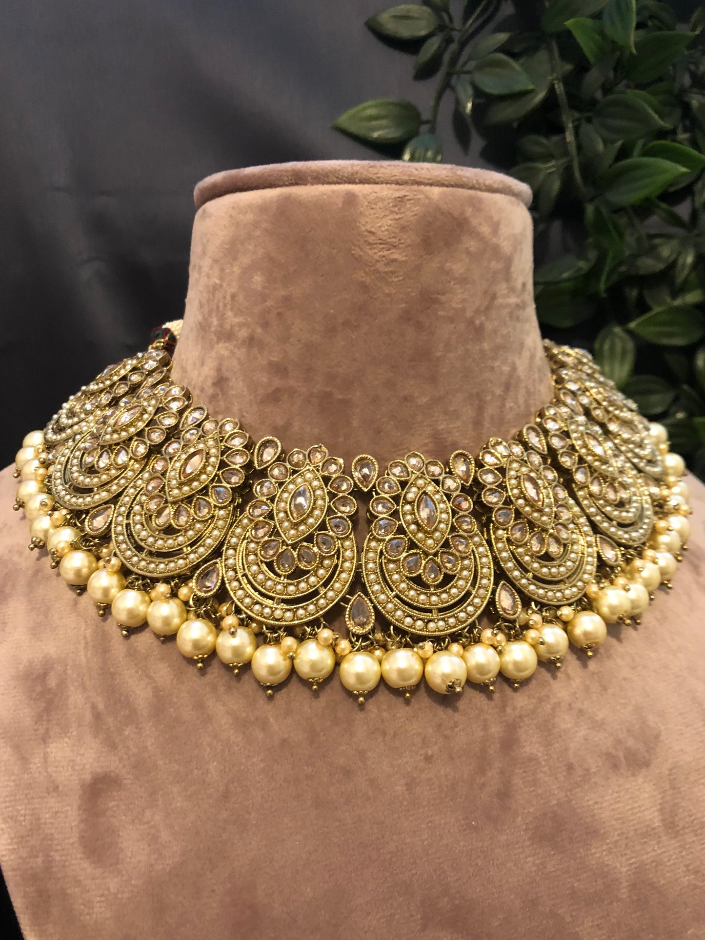 Pearly Antique Gold Necklace Set (Necklace, Earrings, Tikka) - Gold
