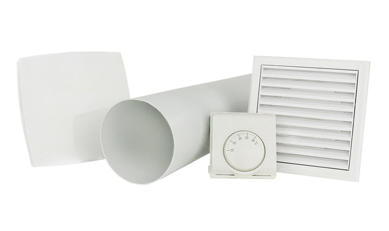 Das energiesparende Warmluftverteilungsset Dalap THERMO umfasst einen Ventilator, ein Lüftungsrohr, einen Thermostat und ein Gitter
