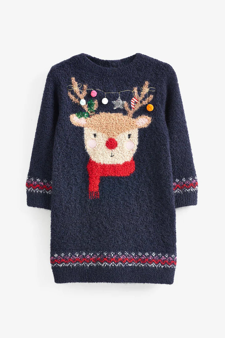 Navy Blue Reindeer Jumper Dress (3mths-7yrs)