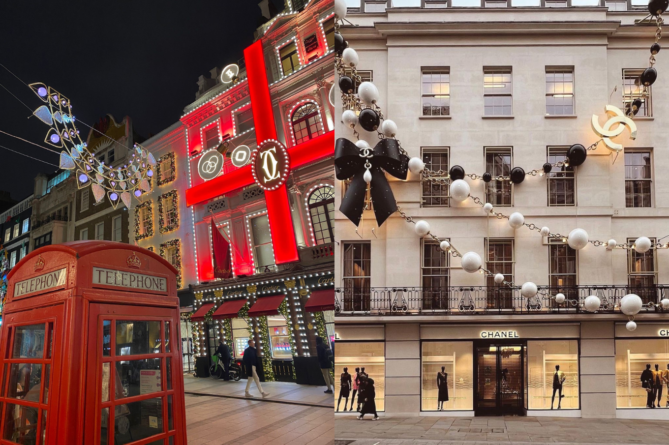 Left photo: London street at night / Right photo: Chanel shop building with Christmas decorations