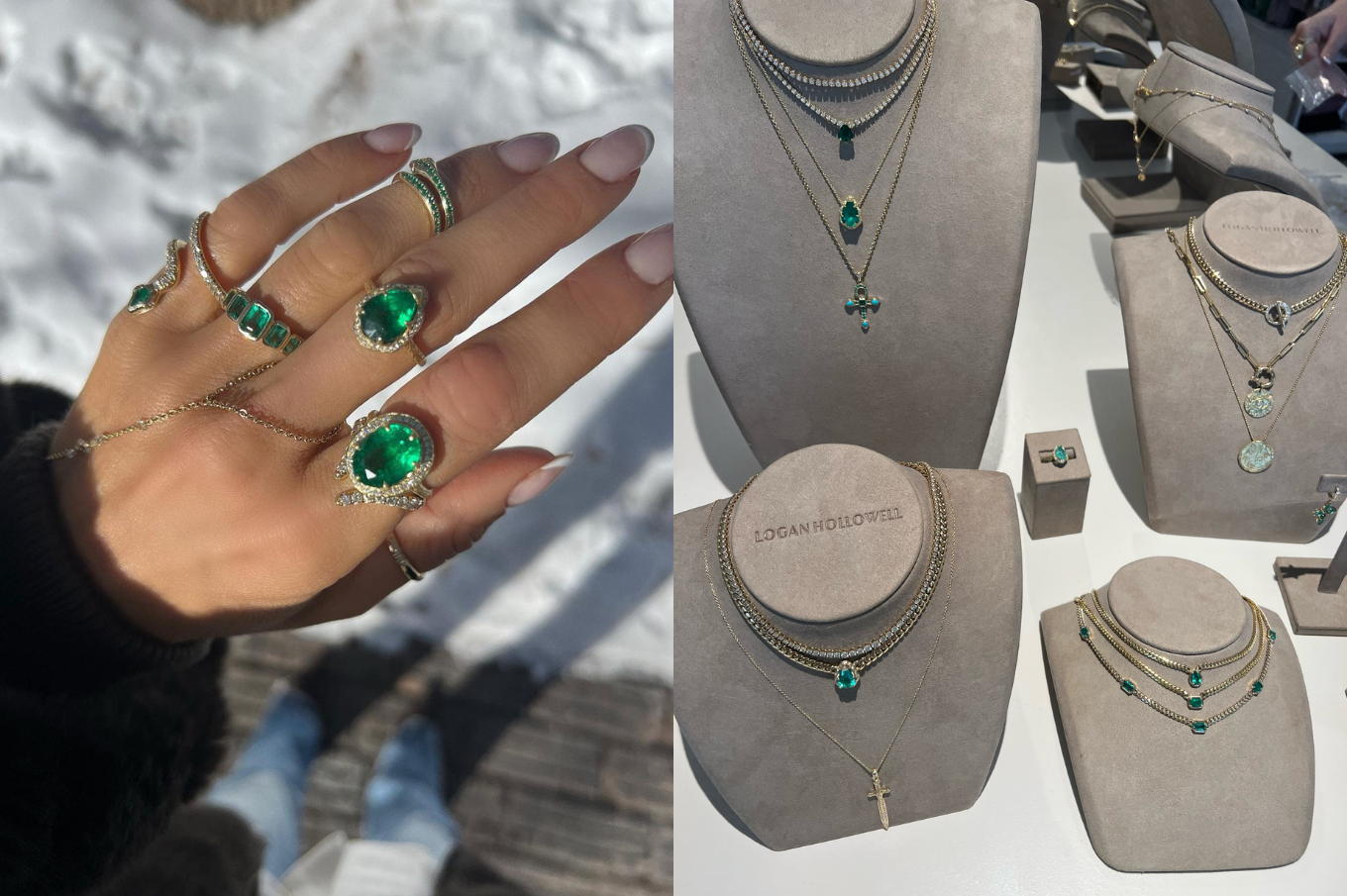 Left Image: Close up of hand with LH rings stacked with snowy background, Right Image: Four display necks layered with LH jewelry