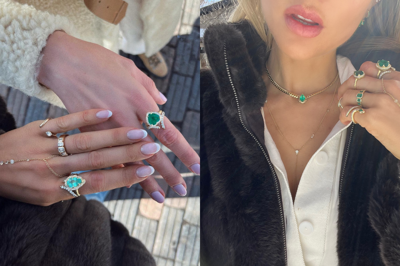 Left Image: Two hands together with LH rings on, Right Image: Selfie of Logan with Emerald Necklace and Rings on